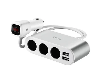 Автомобильный разветвитель автозарядка HOCO Z13 + вольтметр и 2USB серый