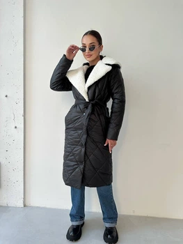 Женское зимнее стеганое пальто с капюшоном и мехом K&ML S (42-44) Черный ( 45 - 01)