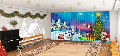 Новогодние Фото Шторы в детский сад PHOTODECOR "Новогодняя сказка с снеговиками"