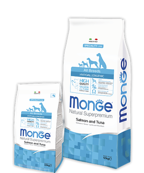 Сухой гипоаллергенный корм Monge Hypoallergenic с лососем и тунцом для взрослых собак всех пород, 2.5 кг
