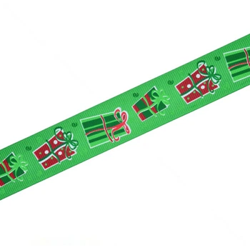 Репсовая лента с новогодним рисунком Подарки, 25 мм, Зеленая, 1 м (LEN-017971) Polimex