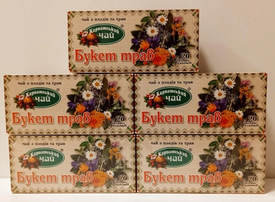 Упаковка натурального травяного чая Букет трав Карпатский чай 100 пакетиков
