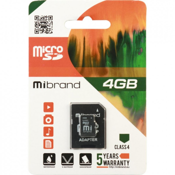 Карта памяти Mibrand 4GB microSDHC class 4 (MICDC4/4GB-A) (160250)