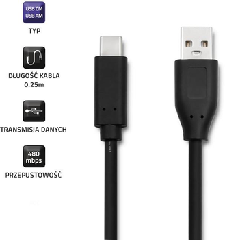 Кабель Qoltec USB-Typ C - USB Typ A 0.25 m чорний (5901878504964)