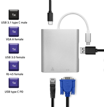 Адаптер Qoltec USB Typ-C - VGA/USB A/RJ45/USB Type-C 4 w 1 PD сріблястий (5901878504100)