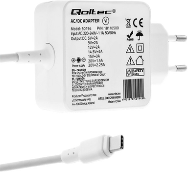 Блок живлення Qoltec 45Вт 5-20В 2-3A USB typ C PD White мережевий (5901878501949)