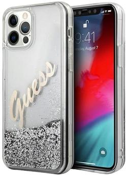 Панель Guess Glitter Vintage Script для Apple iPhone 12 Pro Max Срібляста (3700740495353)