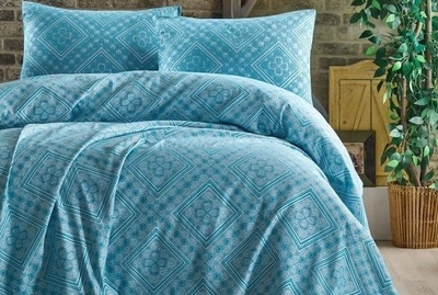 Вафельное покрывало с наволочками Eponj Home. Square a.mavi жаккард-220х240+50х70 2 шт