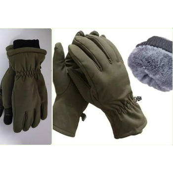 Плотные зимние перчатки SoftShell на меху с сенсорными вставками олива размер универсальный