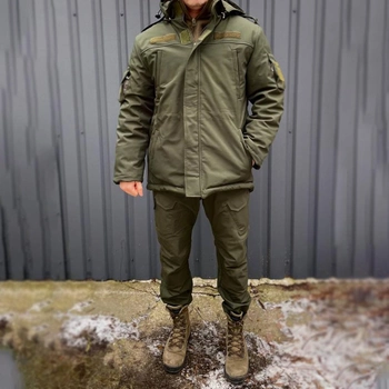 Чоловіча Зимова Куртка на синтепоні з флісовою підкладкою / Водовідштовхувальний Бушлат олива розмір 4XL
