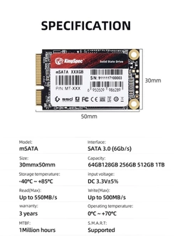 SSD mSata 512Gb KingSpec MT-512