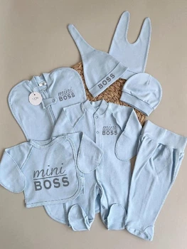 Комплект 7 предметов Mini Boss (56 размер, голубой) в роддом для новорожденного мальчика