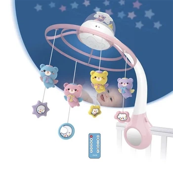 Музичний мобіль на акумуляторі Baby Bell Teddy Bear 3 в 1 з нічником, проектором і пультом управління Ведмедики на кільцях рожевий