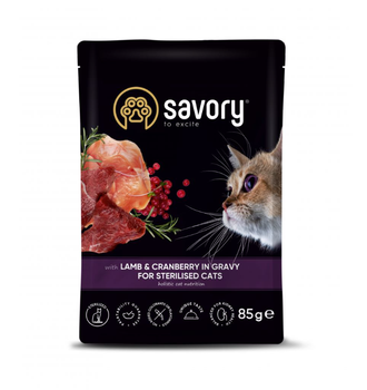 Влажный корм Savory для стерилизованных кошек, ягненок с клюквой в соусе, пауч, 85 г