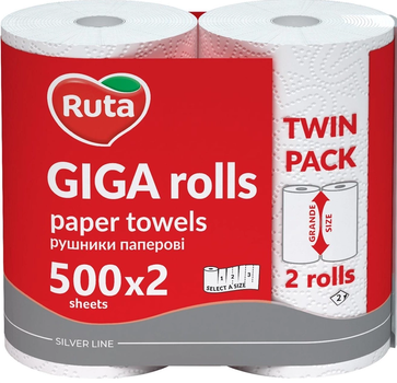 Рушники паперові Ruta Giga Rolls білий 2 шари 1000 коротких відривів 2 шт (4820202895848)
