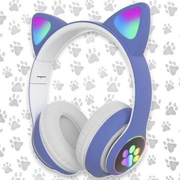 Бездротові навушники з вушками з мікрофоном Cat Ear світяться вушка і лапки кішки Bluetooth складні, Голубі