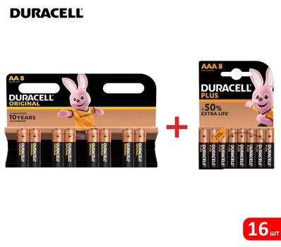 Набор Батарейка Duracell Original AA/RL06/R06 8шт блистер MN1500 + Батарейка Duracell Plus AAA/RL03/R03 8шт блистер MN2400