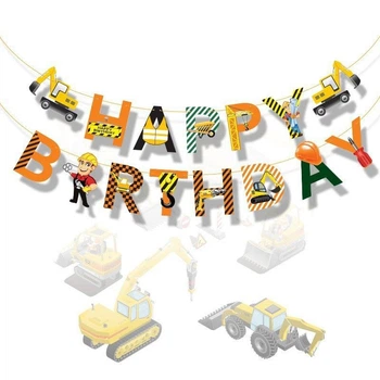 Напис картонний Happy Birthday Будівельна техніка Помаранчевий