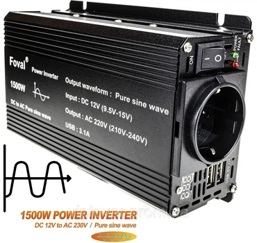 Інвертор FOVAL 1500 W, Перетворювач напруги з 12 в 220 V Чиста, правильна синусоїда