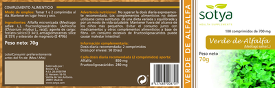 Дієтична добавка Sotya Verde Alfalfa De 700 мг 100 таблеток (8427483008705)