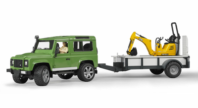 Samochód terenowy Bruder - Land Rover Defender, przyczepa jednoosiowa, mikrobag JCB + pracownik budowlany (4001702025939)