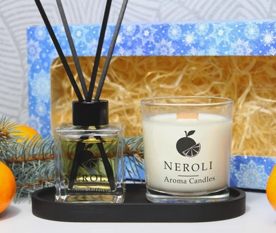 Подарочный набор Аромадиффузор NEROLI CAROLINA HERERA GOOD GIRL 100 мл+Соевая Аромасвеча NEROLI Лимонно-Чорничний Крамбл 200 мл+Подставка Гипсовая черная