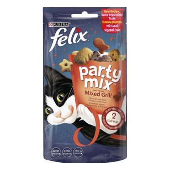 Лакомство для котов Purina Felix Party Mix Гриль Микс с курицей, говядиной и лососем 60 г (7613287631404)