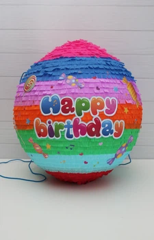 Піньята Happy Birthday кругла 45 см різнобарвна + біта