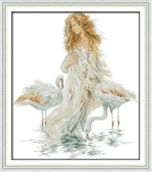 Набор для вышивания по нанесённой на канву схеме "The girl with the crane". AIDA 14CT printed 44*49 см