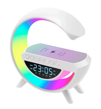 Настольная аккумуляторна смарт лампа ночник часы G-Smart RGB G 65 15W Light Sound Machine с беспроводной зарядкой и Bluetooth колонка будильник радио Белая
