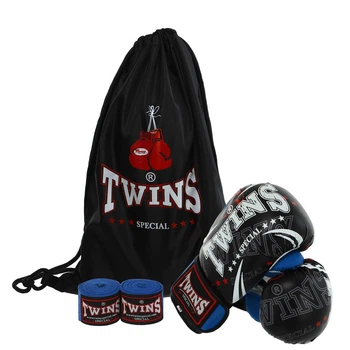 Перчатки для бокса с бинтами в комплекте Twins Special 9943-1 8 унций Black-Blue