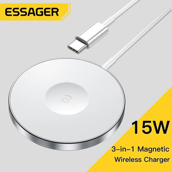 Магнітний бездротовий зарядний пристрій Essager MagSafe 15 Вт Швидка бездротова Qi зарядка 3в1 для Apple Samsung White (695844357005)
