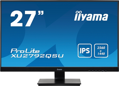 Монітор 27' Iiyama ProLine XU2792QSU-B1, Black, WLED, IPS, 2560x1440 (16:9), 5 мс, 70 Гц, 350 кд/м², 1000:1, 178°/178°, DVI/HDMI/DP, 2x2 Вт, 2xUSB 3.2, VESA 100x100 мм, AMD FreeSync