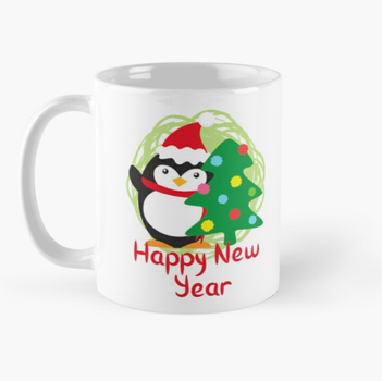 Чашка Керамічна Кружка з принтом Happy New Year Пінгвін та ялинка Біла 330 мл