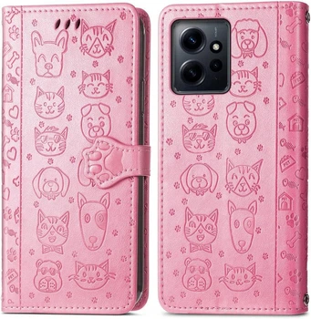 Чохол Embossed Cat and Dog для Xiaomi Redmi Note 12 книжка шкіра PU з візитницею рожевий