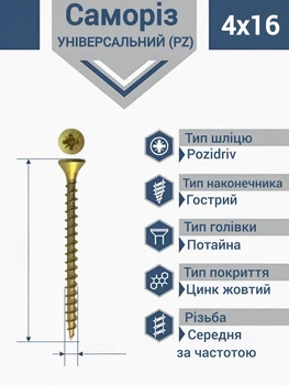 Саморез 4х16 мм по дереву универсальный желтый (1000 шт.)