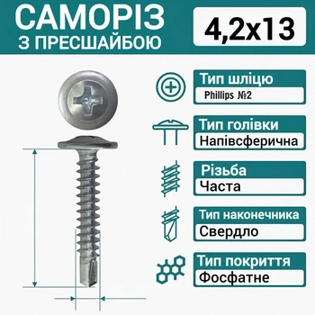 Саморіз з прес шайбою (СВЕРЛО-БУР) 4,2х13