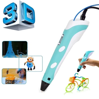3D-Ручка с Lcd экраном 3Dpen на подставке пластик и трафареты 2 режима работы Blue