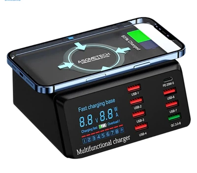 Беспроводная зарядная док-станция 9в1 Asometech WLX-X9 100W с 8 USB-портами, черный (71531045)