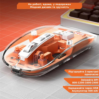 Мышь беспроводная Fmouse, прозрачная, аккумуляторная, двухрежимная, соединение по Bluetooth и через фишку 2,4GHz, 2400 DPI, с подсветкой, оранжевая, M133, 3309781
