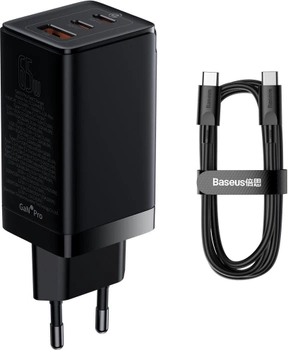 Мережевий зарядний пристрій Baseus GaN3 Pro Fast Charger 2C + U Cable 65W Type-C to Type-C 100W 20V/5A 1 м Black (CCGP050101)