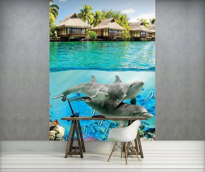 Природа флизелиновые фотообои 3д Бунгало Море Коралловые рыбки 184x254 см Дельфины на Гавайях (3193V4A)+клей