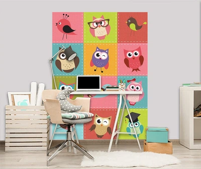 Флизелиновые фотообои сова 184x254 см Пэчворк с птицами (10376V4A)+клей