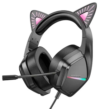 Ігрові навушники BOROFONE BO106 CAT EAR з мікрофоном та підсвіткою Чорний-Рожевий