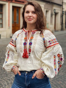 Українська жіноча вишиванка квіткова "Анемона" вишита блуза бохо на лляній тканині з бавовняним мереживом 12508-48 (L)