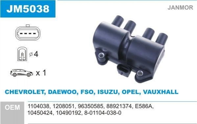 Катушка зажигания Janmor JM5038 Daewoo Lanos, Nubira, Leganza; Opel Frontera 10450424, 10490192, 1104038
