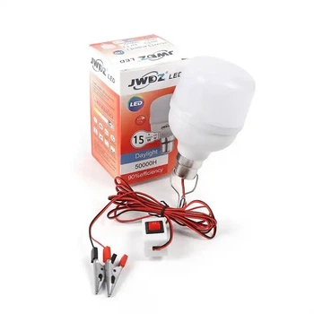 Світлодіодна LED лампа 12V 15W лампочка кемпінгова на дроті 2м із затискачами (крокодилами), вимикачем та металевим гачком для підвішування, холодний білий