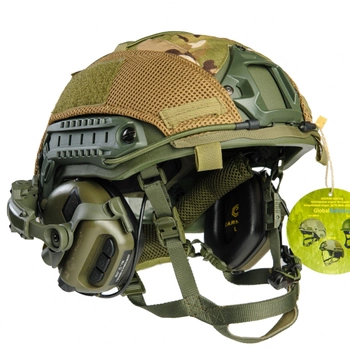 Комплект: тактичный шлем - каска Fast системой Wendy пуленепробиваемый, кевларовый, защита по NATO - NIJ IIIa (ДСТУ кл.1), размер M-L и оригинальные наушники Earmor M32Н с креплением "чебурашка" (FWOKMulEm32hCh1)