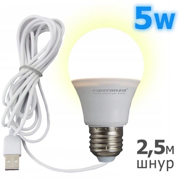 USB Лампа LED 5 W 460 Лм переносна, на дроті 2,5 м, Світильник Нічник Esperanza, теплий білий
