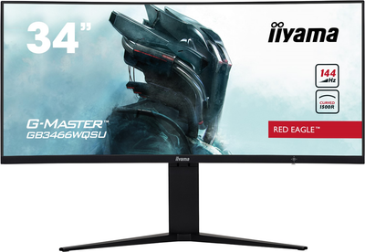 Монітор 34' Iiyama G-Master GB3466WQSU-B1 Black, Red Eagle, WLED, VA, 3440x1440, 21:9, 144Гц, 1500R, 1 мс, 400 кд/м², 1000:1, 178°/178°, 2xHDMI/2xDP, USBx3.2, 2x3 Вт, Vesa 100x100, FreeSync Premium Pro